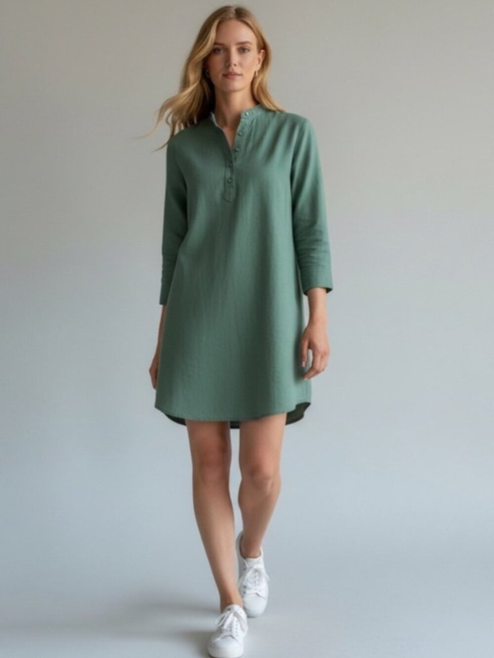 Pomander Place Shirt Dress Womenâs XS Cotton Polly Green 3/4 sleeve Y18715T